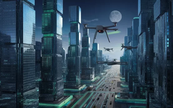 Cidade futurista com arranha-céus de vidro e aço, luzes neon, drones e veículos autônomos sob céu noturno.
