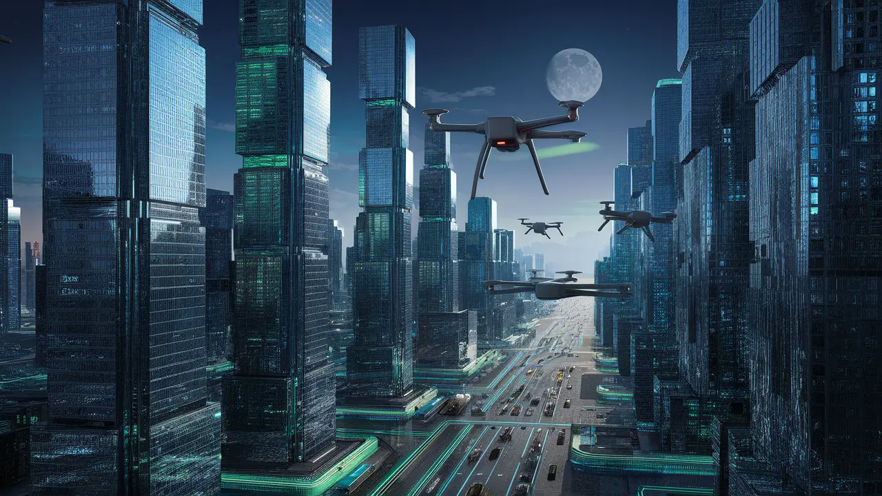 Cidade futurista com arranha-céus de vidro e aço, luzes neon, drones e veículos autônomos sob céu noturno.