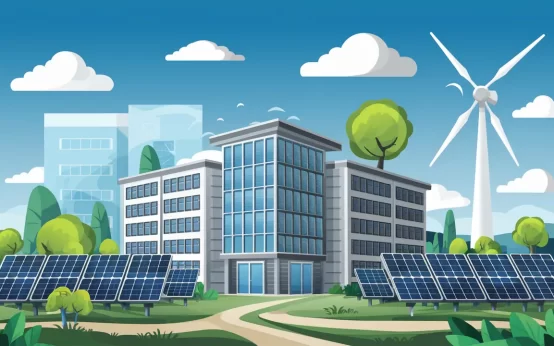 Edifício moderno com painéis solares no telhado e turbina eólica ao fundo, cercado por vegetação.