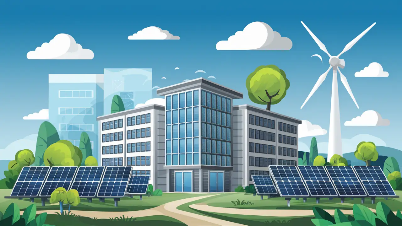 Edifício moderno com painéis solares no telhado e turbina eólica ao fundo, cercado por vegetação.