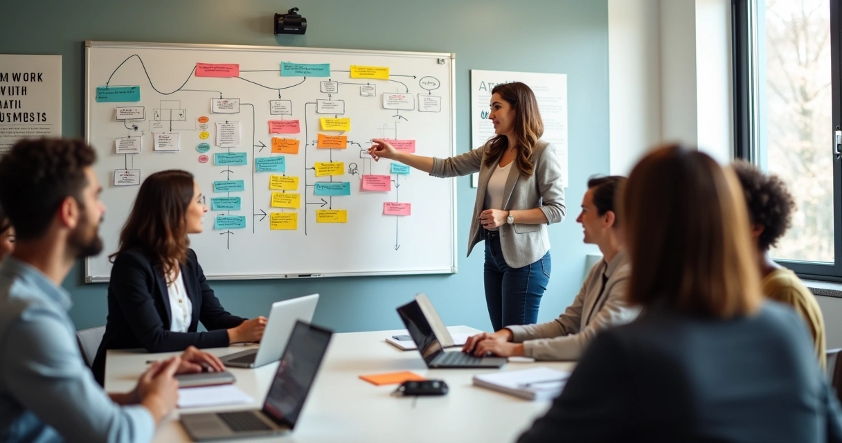 Equipe diversa discutindo mapeamento de processos em um ambiente de escritório iluminado.