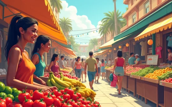 Mercado movimentado com vendedores sorridentes, produtos coloridos e gráficos promovendo vendas.