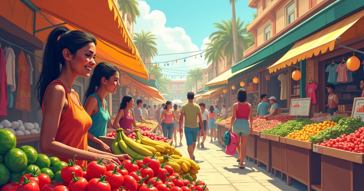 Mercado movimentado com vendedores sorridentes, produtos coloridos e gráficos promovendo vendas.