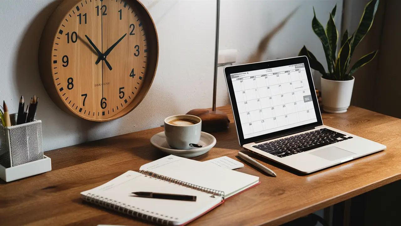 Relógio de parede redondo marcando 10 horas, laptop exibindo calendário, café e caderno em mesa de madeira com planta.