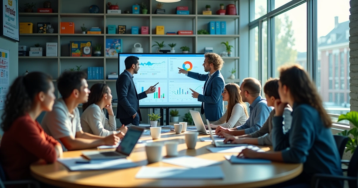 Ambiente de escritório com profissionais discutindo soluções em software de gestão, laptops e gráficos na tela.