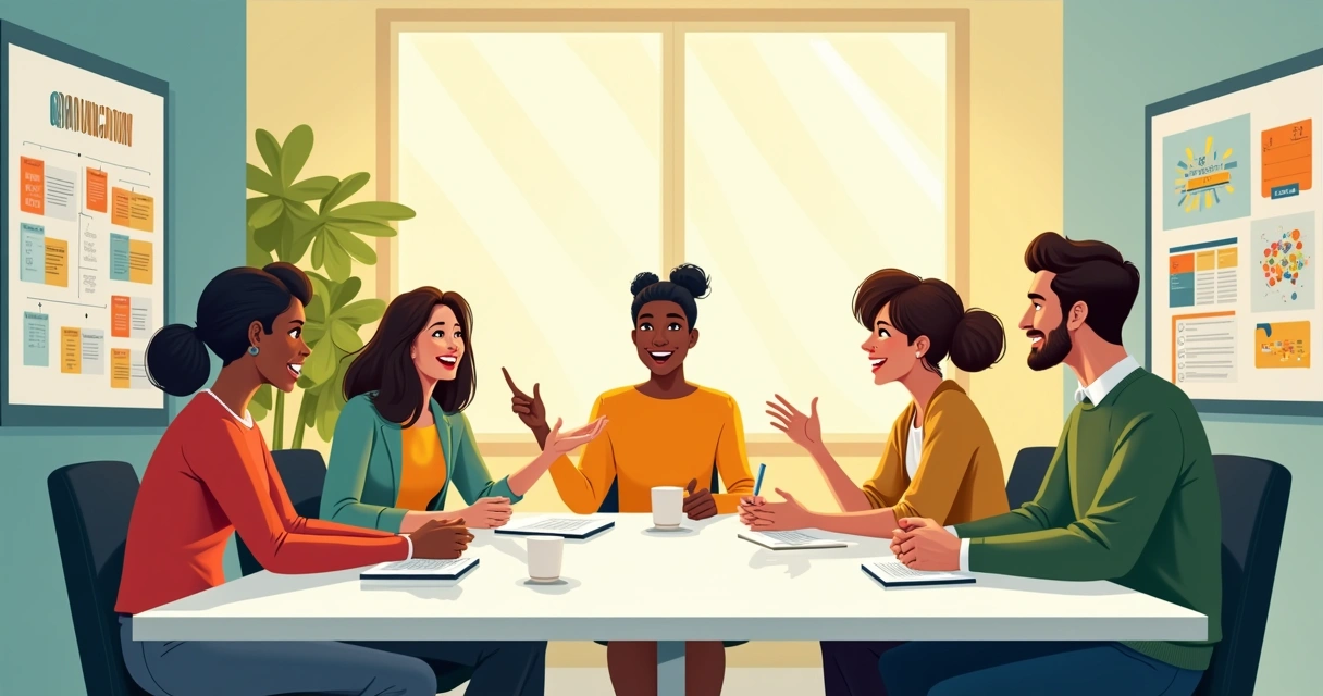 Vibrant discussion among diverse individuals around a modern table, focusing on effective communication.