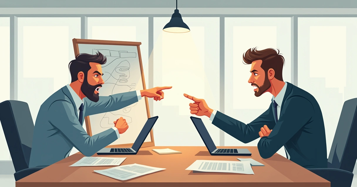 Dois profissionais discutindo em uma mesa de reunião com papéis espalhados e expressões tensas