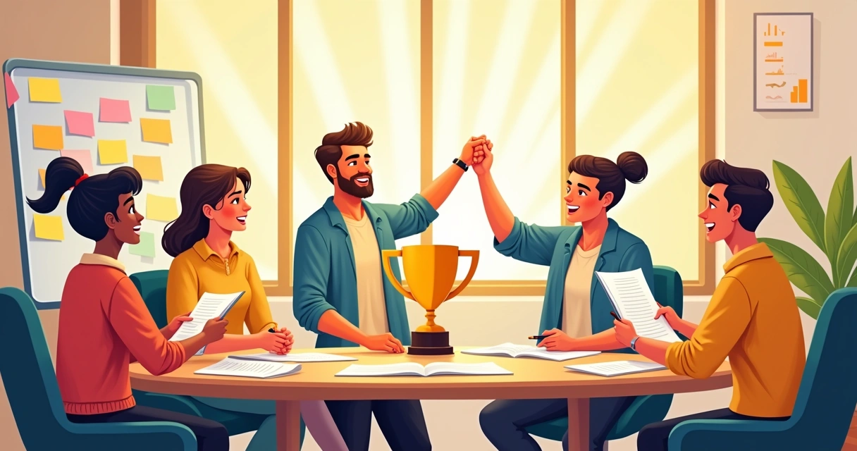 Ambiente de escritório colorido com funcionários colaborando e discutindo sobre cultura organizacional forte.