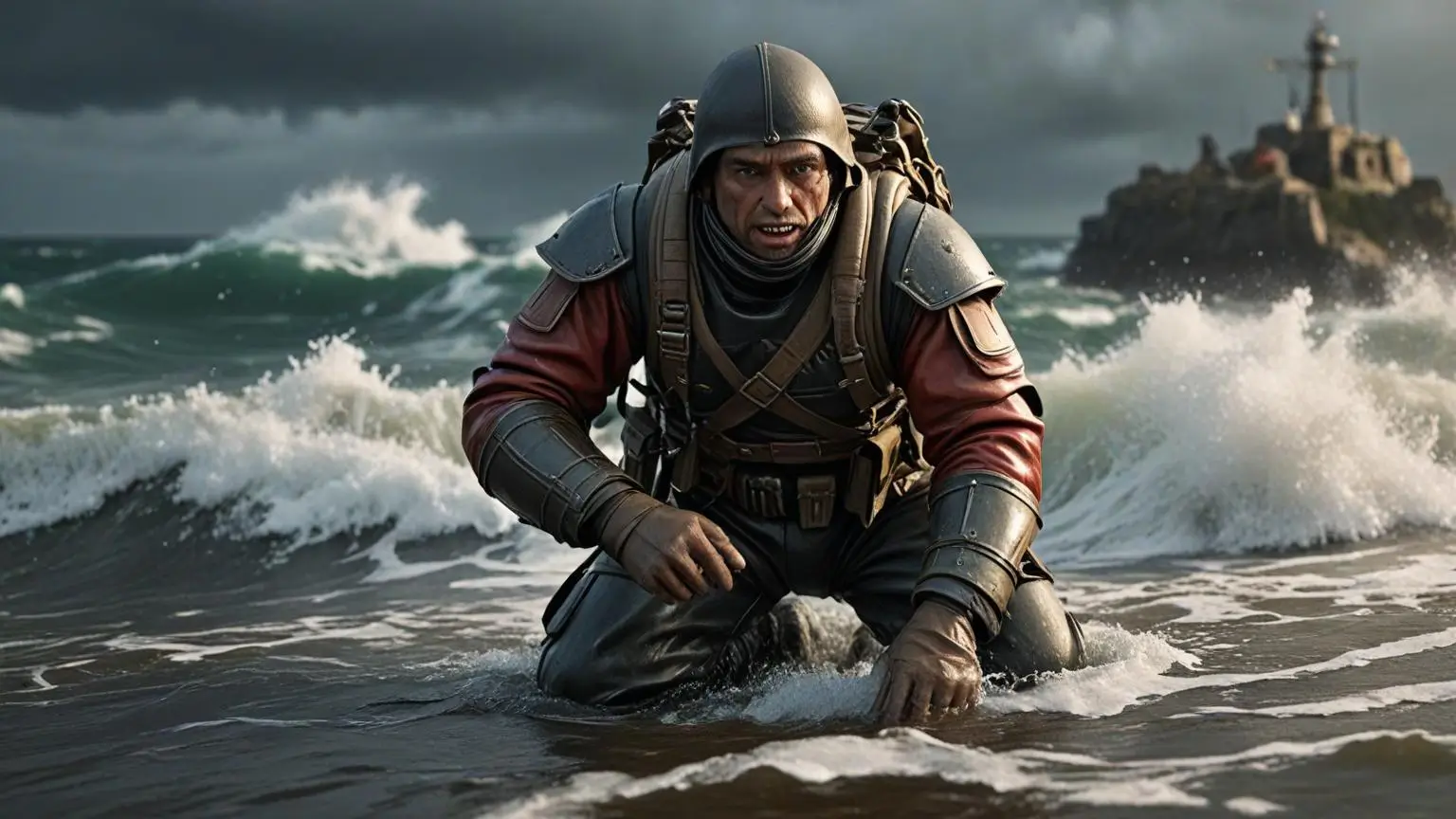 Figura no penhasco diante de um mar tempestuoso, segurando um caderno com Gestão de Crises enquanto a tempestade se intensifica.