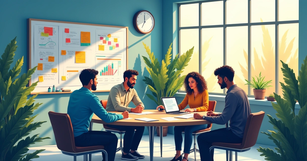 Ilustração de equipe em escritório de gestão de projetos com gráficos e anotações coloridas.