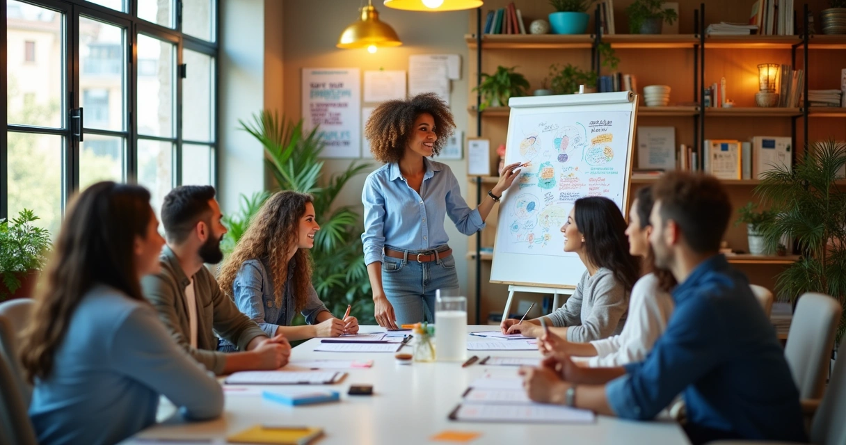 Equipe diversificada colaborando em uma sala de escritório moderna, cheia de luz natural e energia criativa.