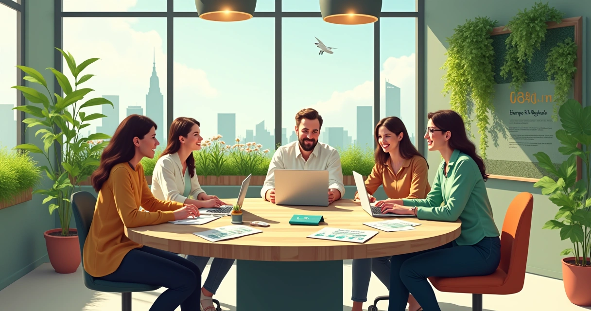Ilustração de um escritório moderno com equipe diversificada, focada em inovação sustentável e materiais ecológicos.