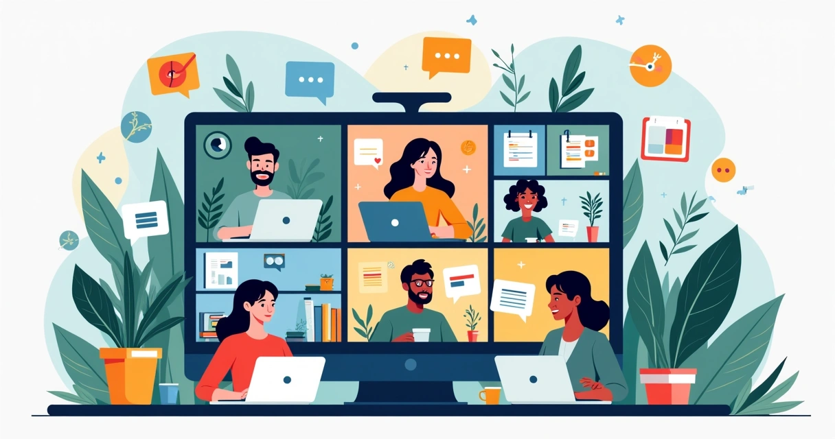 Equipe remota reunida virtualmente em videoconferência, com pessoas em diferentes ambientes e dispositivos diferentes