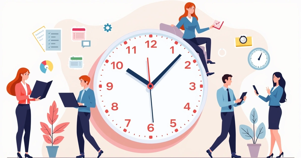 Relógio de parede moderno com mãos apontando para diferentes horários e profissionais organizando tarefas ao redor