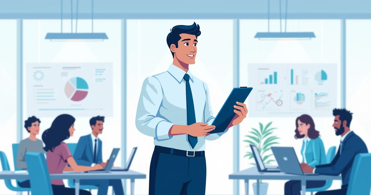 Gestor equilibrando tarefa de delegar e centralizar com equipe em escritório moderno