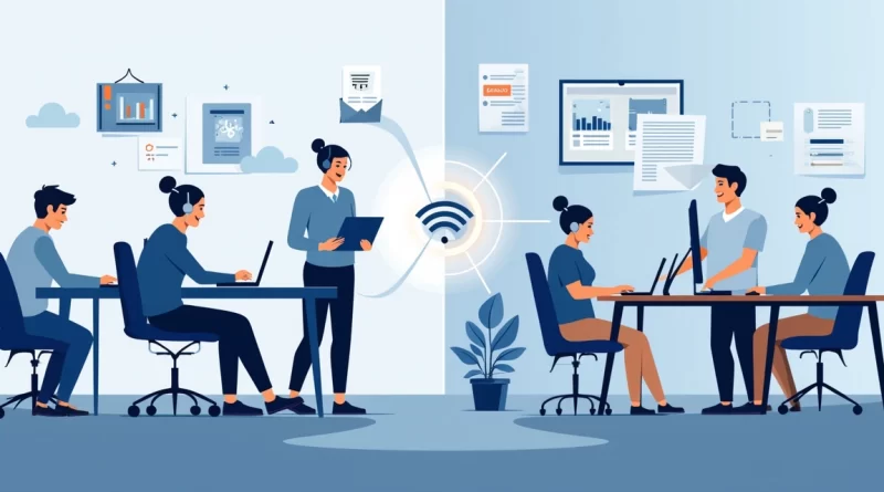 Ilustração corporativa mostrando pessoas em ambientes de escritório presencial e remoto conectadas por uma linha digital