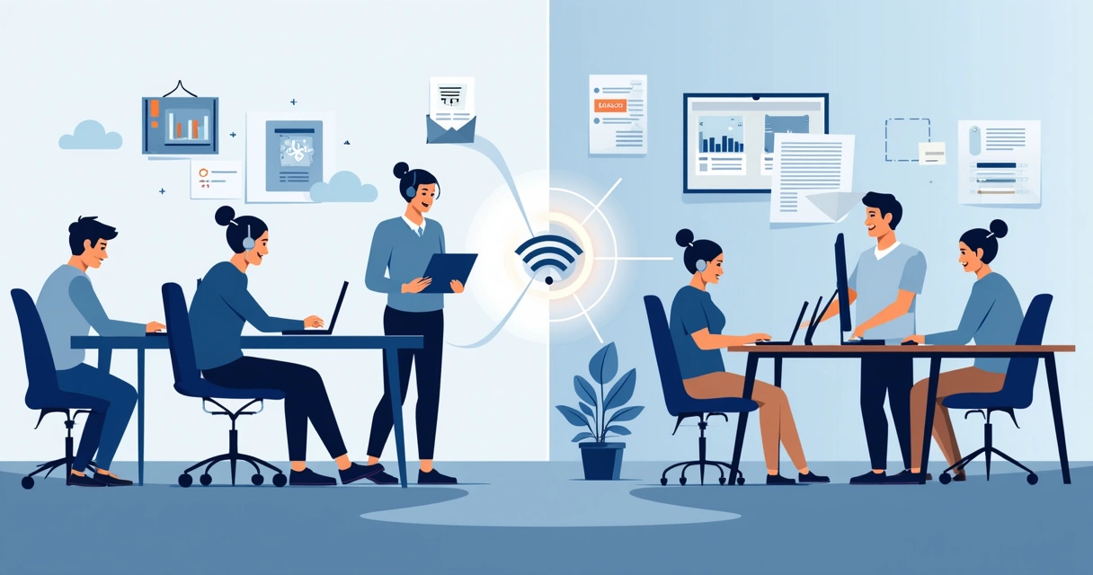 Ilustração corporativa mostrando pessoas em ambientes de escritório presencial e remoto conectadas por uma linha digital