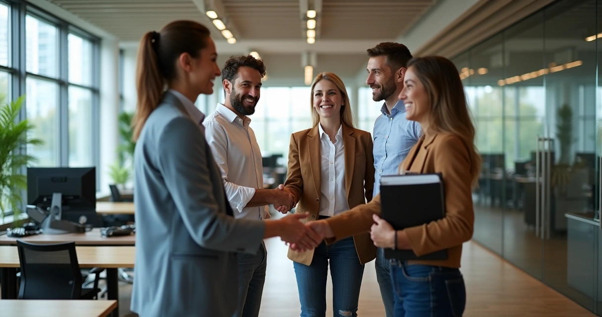 Novo colaborador sendo recebido por equipe moderna em ambiente de escritório luxuoso
