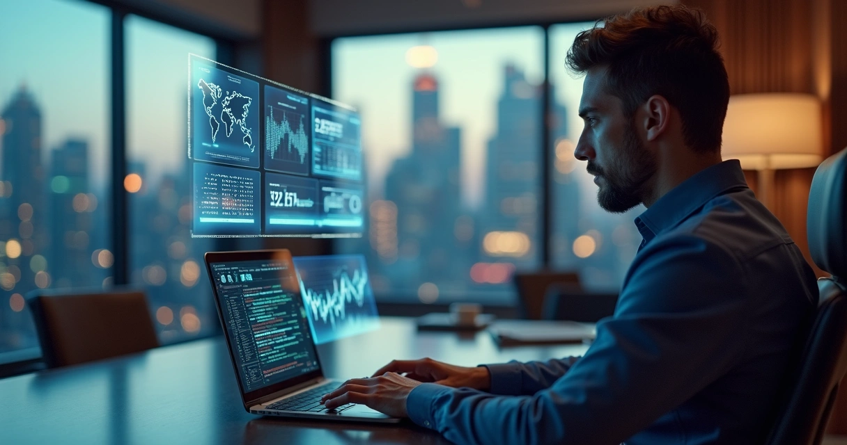 Gestor usando computador com gráficos e elementos digitais de inteligência artificial na tela