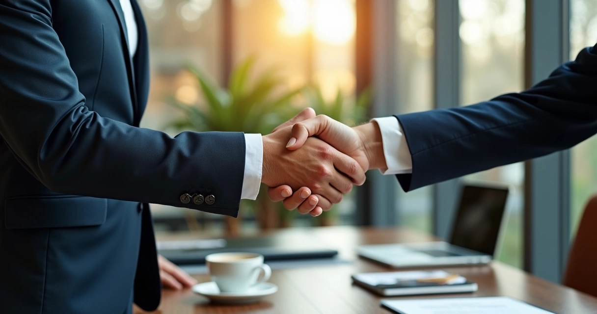 Duas pessoas apertando as mãos em ambiente corporativo sofisticado com decoração moderna e luz natural