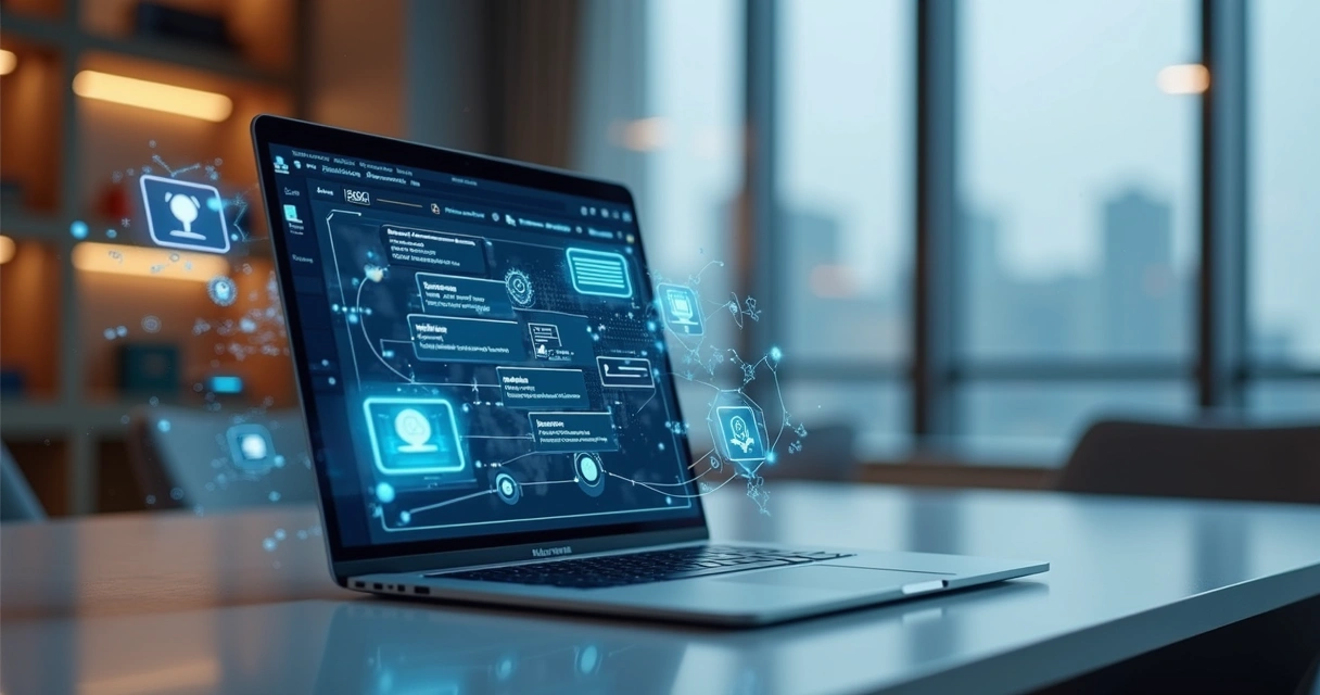 Computador moderno em escritório elegante com chatbot ativo na tela e ícones de atendimento automático iluminados