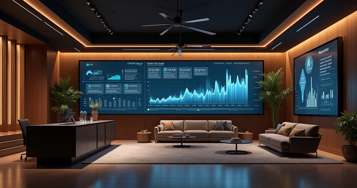 Representação comparativa de OKR e KPI com gráficos e indicadores em um ambiente corporativo elegante