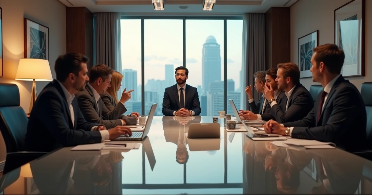 Cena realista em escritório moderno mostrando pessoas discutindo ao redor de uma mesa, com uma pessoa afastada e desconfortável