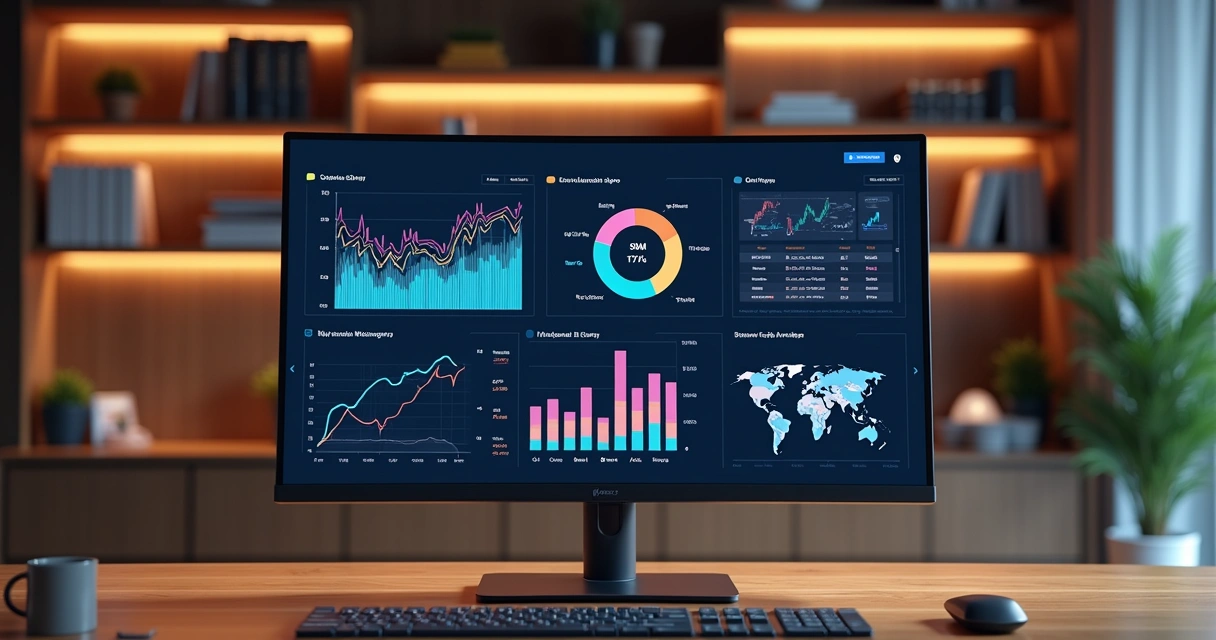 Tela de computador exibindo dashboard interativo com gráficos coloridos e indicadores visuais detalhados