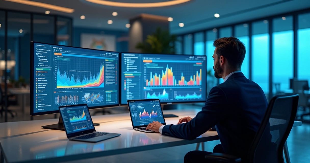 Pessoa analisando gráficos e dados em tela de computador moderno em ambiente de escritório elegante