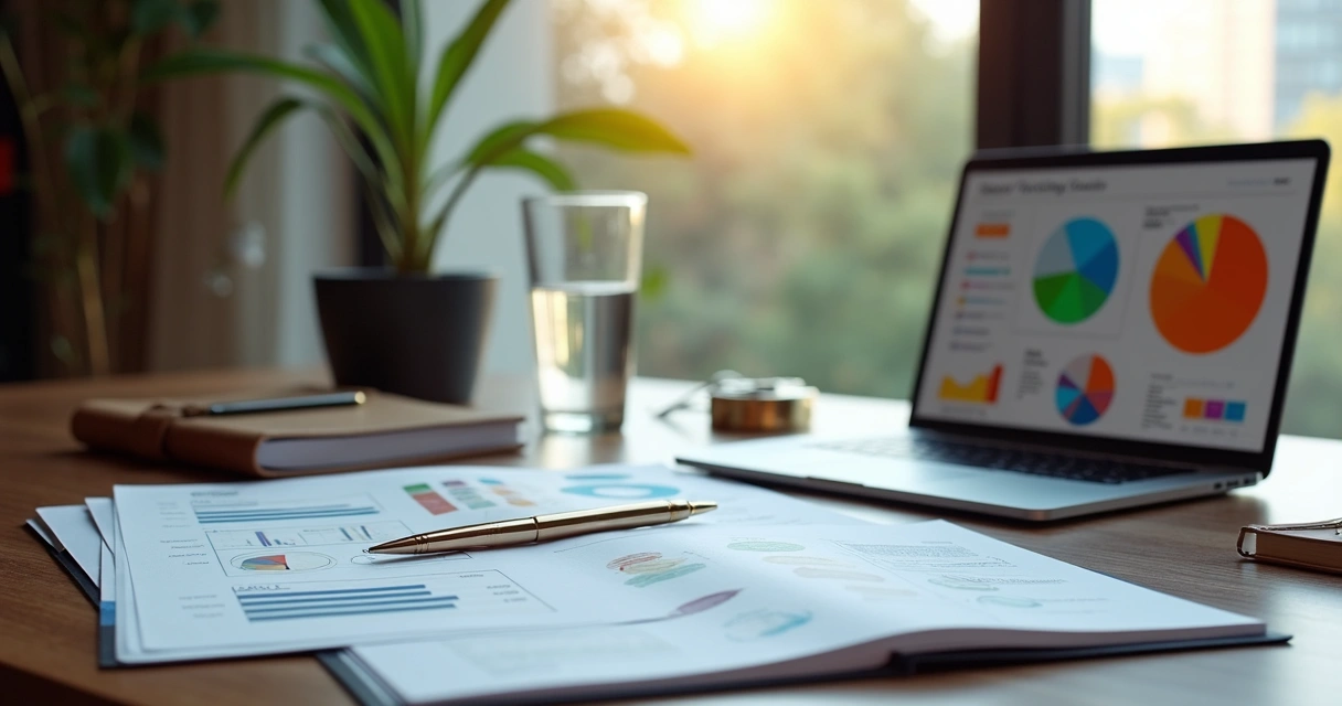 Mesa luxuosa com papéis, caneta e computador exibindo gráficos de metas SMART
