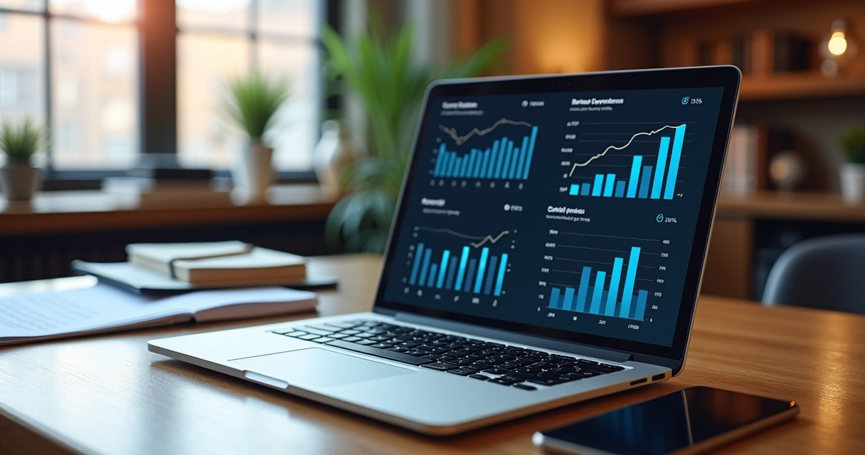 Mesa moderna com laptop aberto mostrando gráficos digitais e documentos organizados para digitalização de processos
