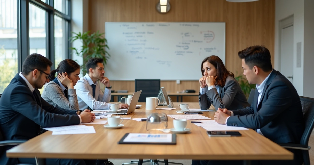 Equipe de trabalho em escritório moderno com expressões desanimadas e ambiente tenso