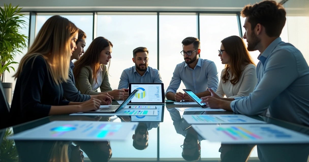Equipe colaborando em ambiente moderno, discutindo planejamento com gráficos e laptops