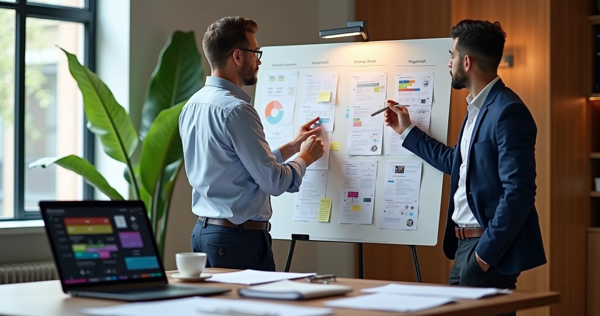 Dois gerentes trabalhando, um com laptop e gráficos de produto, outro organizando cronograma em quadro branco