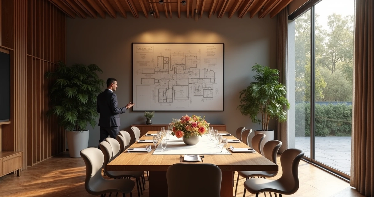 Gestor apresentando plano de projeto para equipe em sala de reunião moderna