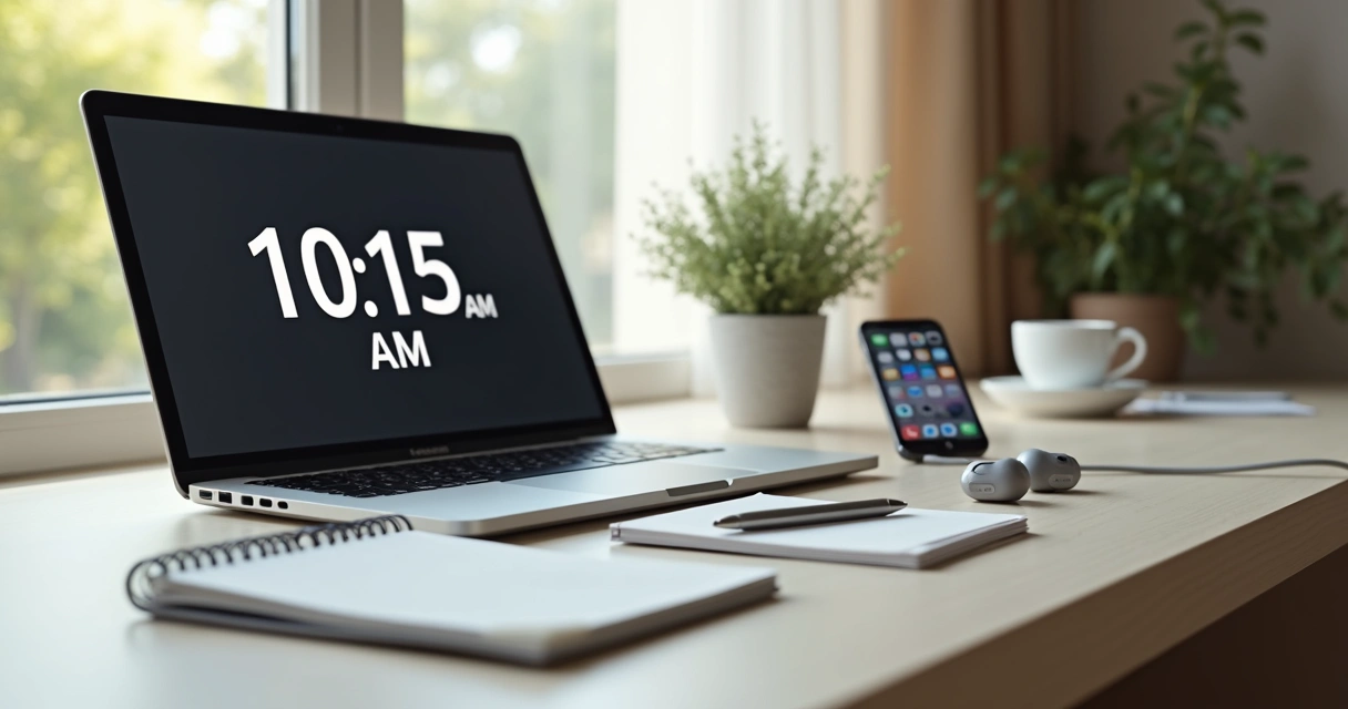 Mesa de home office com computador, caderno, relógio digital e objetos organizados