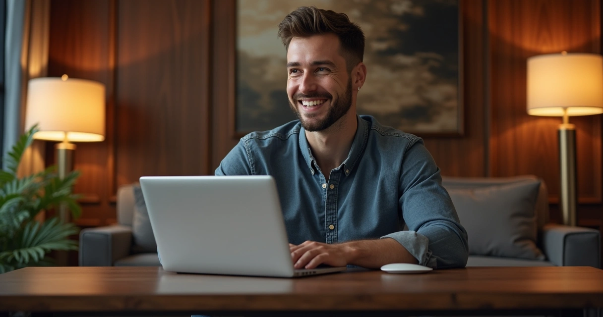 Líder em reunião semanal usando laptop, com equipe atenta em sala moderna e luxuosa