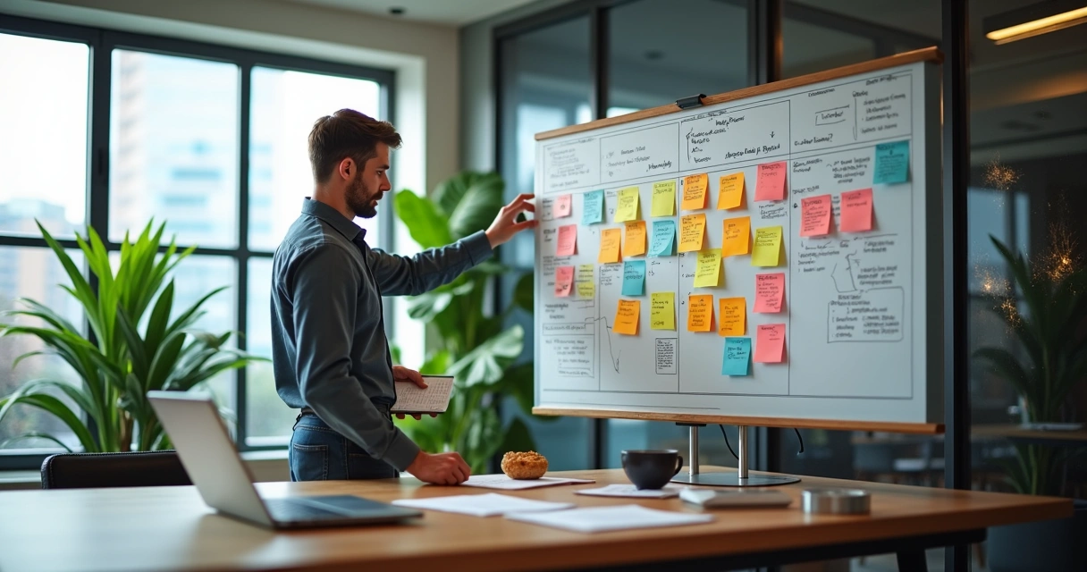 Profissional de marketing analisando quadro Kanban com post-its coloridos em ambiente de escritório moderno e iluminado
