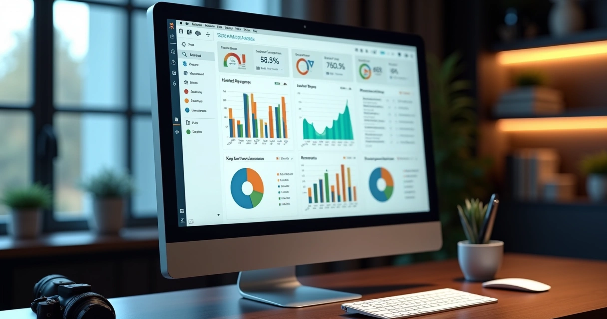 Painel digital moderno com gráficos coloridos e indicadores de desempenho em tela de computador