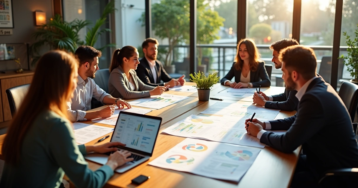 Mesa de reunião moderna com gráficos e documentos de planejamento estratégico espalhados, laptop aberto e pessoas discutindo ao redor