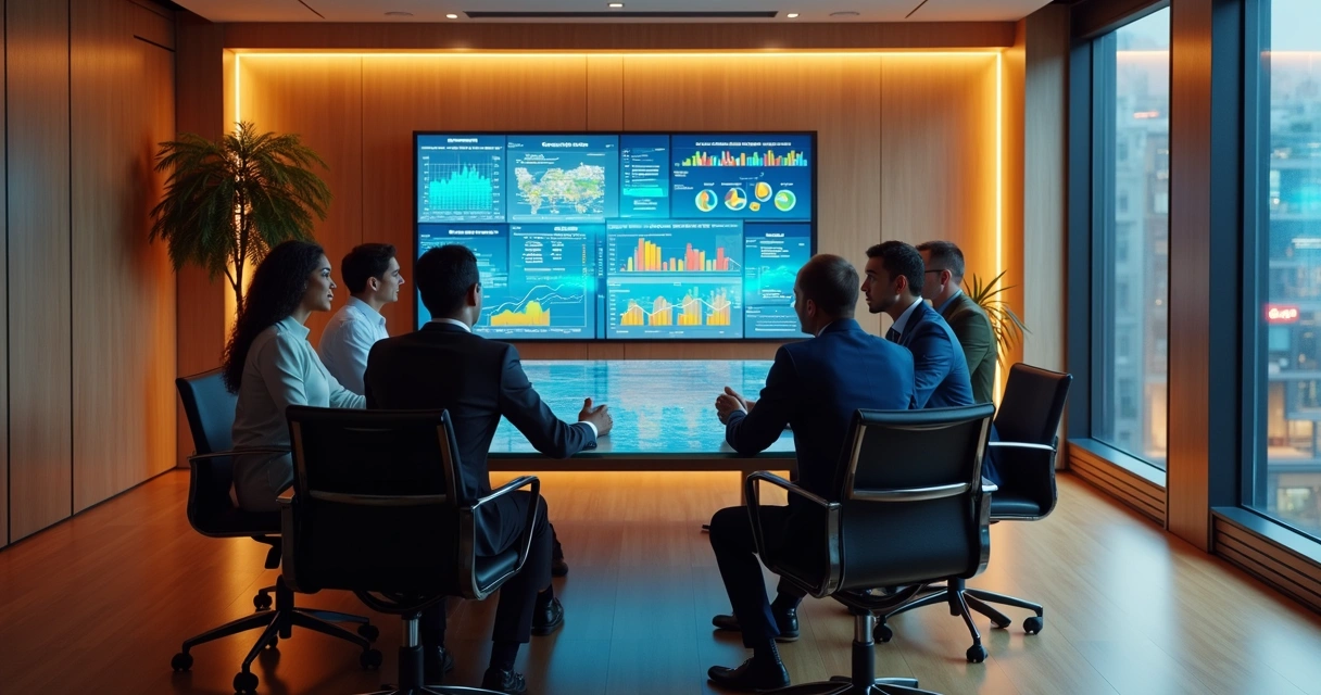 Equipe de trabalho em reunião analisando gráficos de indicadores de clima organizacional numa sala moderna