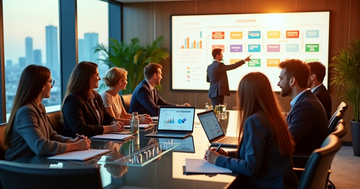 Sala de reunião moderna com equipe de negócios em discussão produtiva e planejada