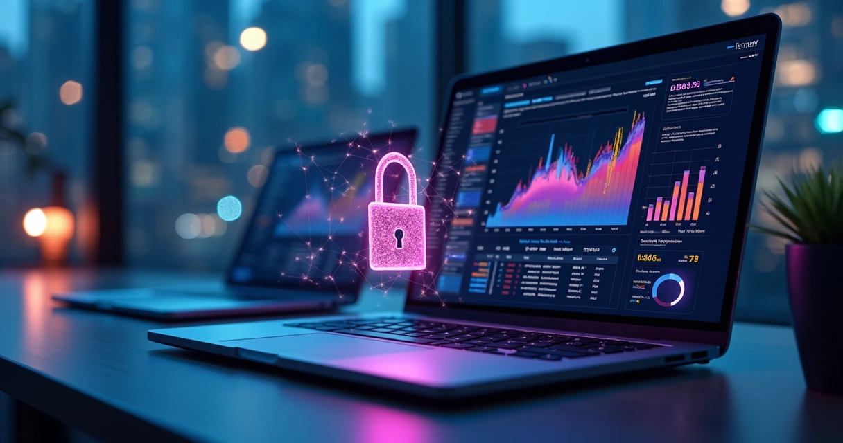 Mesa moderna com computador, cadeado digital e gráficos de segurança cibernética em fundo azul escuro