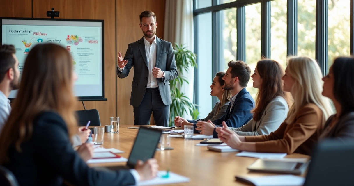 Treinamento corporativo presencial com profissional contando histórias para equipe em sala moderna