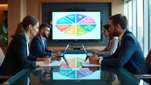 Equipe de gestores analisando matriz SWOT em sala luxuosa com gráficos e laptops