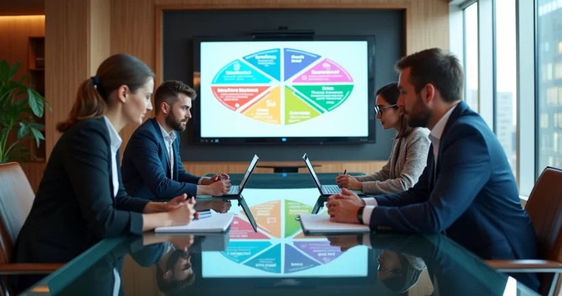 Equipe de gestores analisando matriz SWOT em sala luxuosa com gráficos e laptops