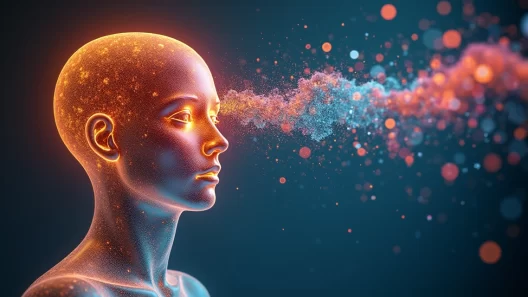 Busto humano transparente com engrenagens coloridas e peças de quebra-cabeça flutuando ao redor representando armadilhas do capital intelectual