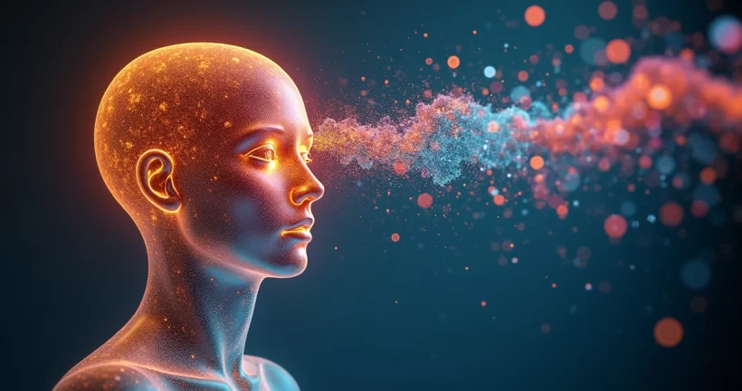 Busto humano transparente com engrenagens coloridas e peças de quebra-cabeça flutuando ao redor representando armadilhas do capital intelectual