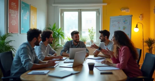 Cena de equipe motivada em escritório moderno, compartilhando ideias e colaboração durante tempos difíceis.