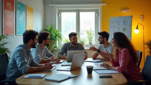 Cena de equipe motivada em escritório moderno, compartilhando ideias e colaboração durante tempos difíceis.